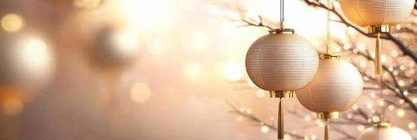 Elegant lanterns hanging from branches, creating a warm, festive ambiance. photo