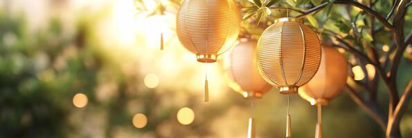 Softly glowing lanterns hanging from a tree in a serene garden setting. photo