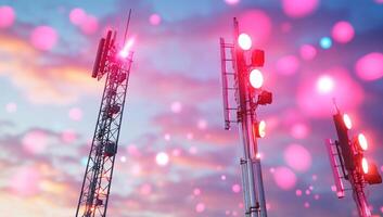 Cell phone towers with pink lights in the background photo