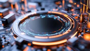 A circular electronic device with a glowing light photo