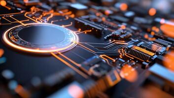 Close-up of a circuit board with glowing connections and components. photo