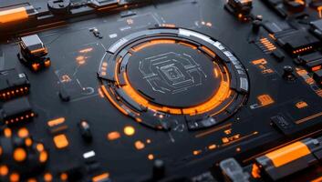 Abstract circuit board design with glowing orange elements. photo