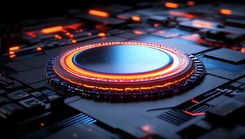 A futuristic digital circuit with glowing elements and a central disc. photo