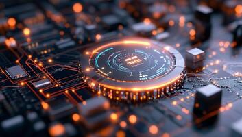 A close-up of a futuristic circuit board with glowing elements. photo