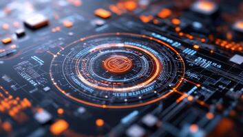 Abstract digital circuit design with glowing elements and patterns. photo
