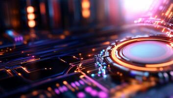 Abstract digital circuit design with vibrant colors and glowing elements. photo