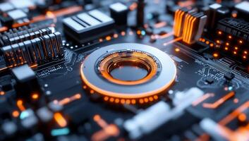 Close-up of a circuit board with glowing components and intricate design. photo