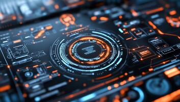 Futuristic digital interface with glowing elements for data visualization. photo