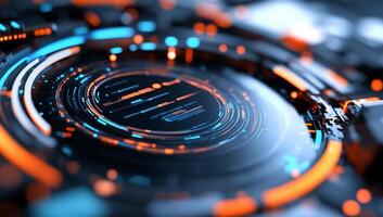 Abstract digital interface with glowing elements and data display. photo