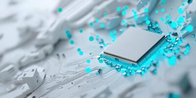 A close-up of a microchip on a circuit board with glowing elements. photo