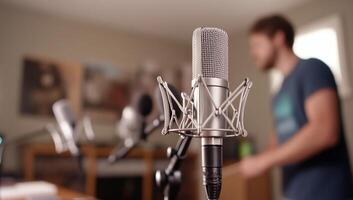 A microphone in focus with a person blurred in the background. photo