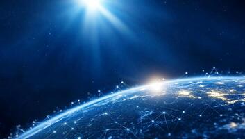 A view of Earth from space, illuminated by sunlight and network connections. photo