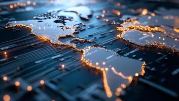 A digital map of the world illuminated with circuit-like patterns. photo