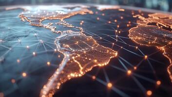 A digital representation of a connected world map with glowing networks. photo