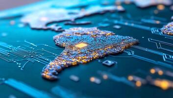 A digital representation of South America with circuit patterns. photo