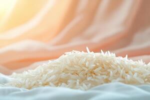A close-up of uncooked white rice on a soft, light-colored background. photo