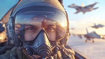 A pilot in a cockpit with fighter jets in the background at sunset. photo