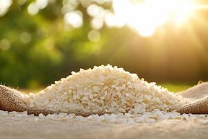 A pile of white rice on a natural background with sunlight. photo