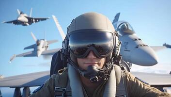 A pilot in an aircraft with fighter jets flying in the background. photo