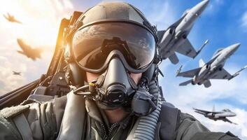 Pilot in cockpit with fighter jets flying in the background. photo