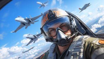 Pilot taking a selfie in a cockpit with fighter jets in the background. photo