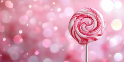 A colorful spiral lollipop on a soft, blurred pink background. photo