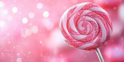 A vibrant red and white swirled lollipop on a soft pink background. photo