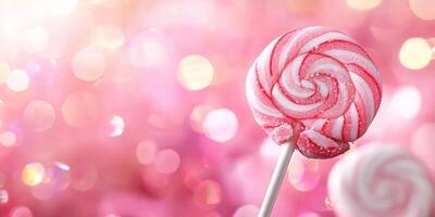 A colorful lollipop on a soft pink background with bokeh effects. photo