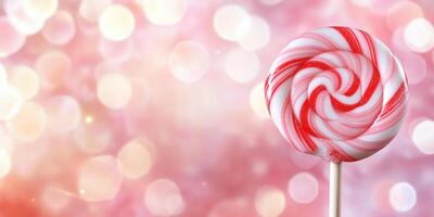 A vibrant red and white swirled lollipop against a soft bokeh background. photo