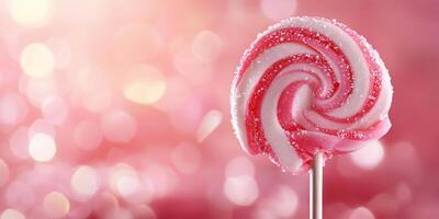 A colorful candy lollipop with swirls against a blurred pink background. photo