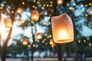 Floating lanterns illuminate a serene outdoor setting at dusk. photo