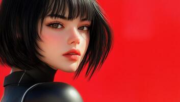A close-up portrait of a stylish young woman with a bold background. photo