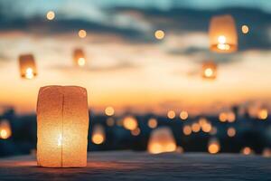 Lanterns glowing against a twilight sky, creating a serene atmosphere. photo