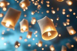 Floating lanterns illuminate the night sky, creating a magical atmosphere. photo