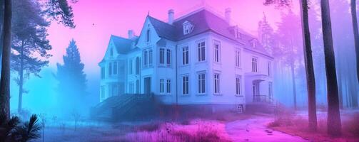 A misty, colorful mansion surrounded by trees in a serene environment. photo