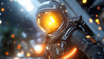 Astronaut in space with a glowing helmet amidst cosmic elements. photo