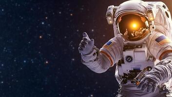 An astronaut in space with his hand up photo