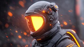 A man in a space suit with glowing eyes photo