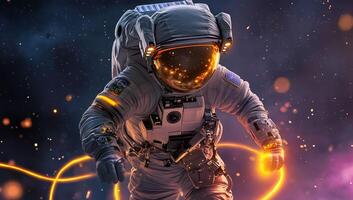 An astronaut floats in space, surrounded by glowing particles and energy. photo