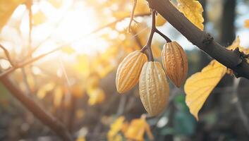 Cocoa beans on a tree branch with the sun shining through photo
