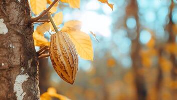 Cocoa pods on a tree in the sun photo