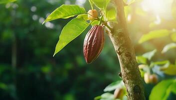 A cacao pod hanging from a tree in a lush green environment. photo