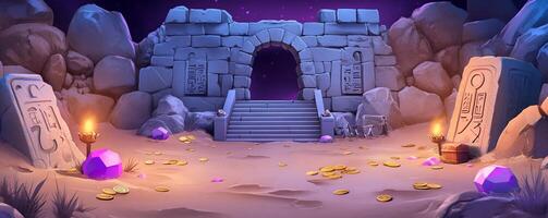 A mystical stone entrance with treasures and artifacts in a desert setting. photo
