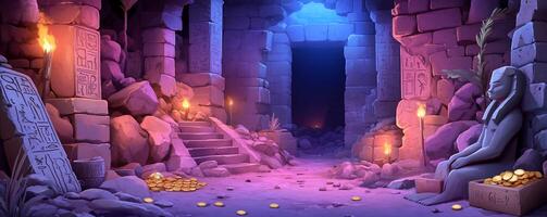 Ancient treasure chamber with artifacts and glowing torches. photo