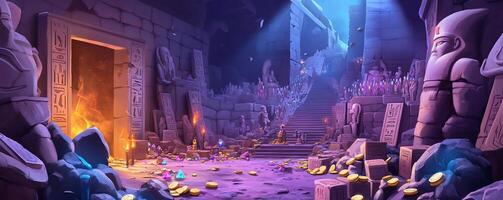A treasure-filled ancient temple with glowing artifacts and stairs. photo