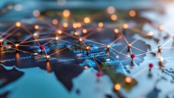 A digital map highlighting global connections with network nodes. photo