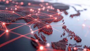 A digital map highlighting global connectivity and data networks. photo