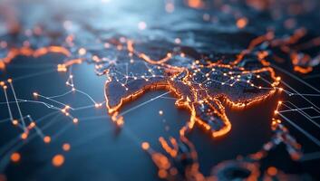 A digital representation of Asia with illuminated network connections. photo