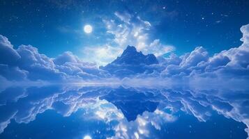Serene mountain landscape reflecting in calm waters under a starry sky. photo