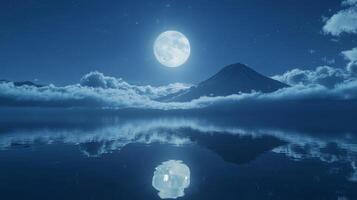 Serene night scene with a full moon reflecting over a tranquil lake. photo